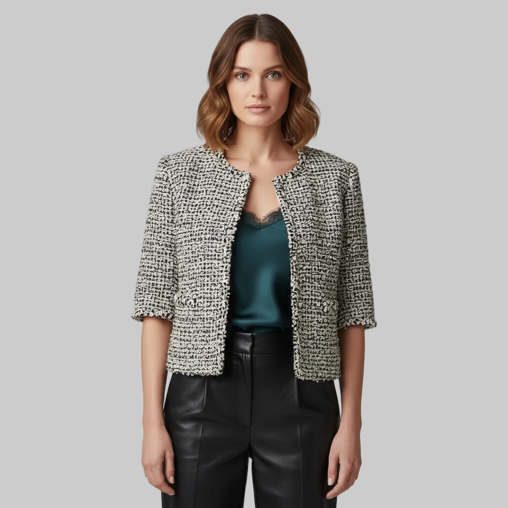 Women's Tweed Cropped Sleeve Collarless Blazer