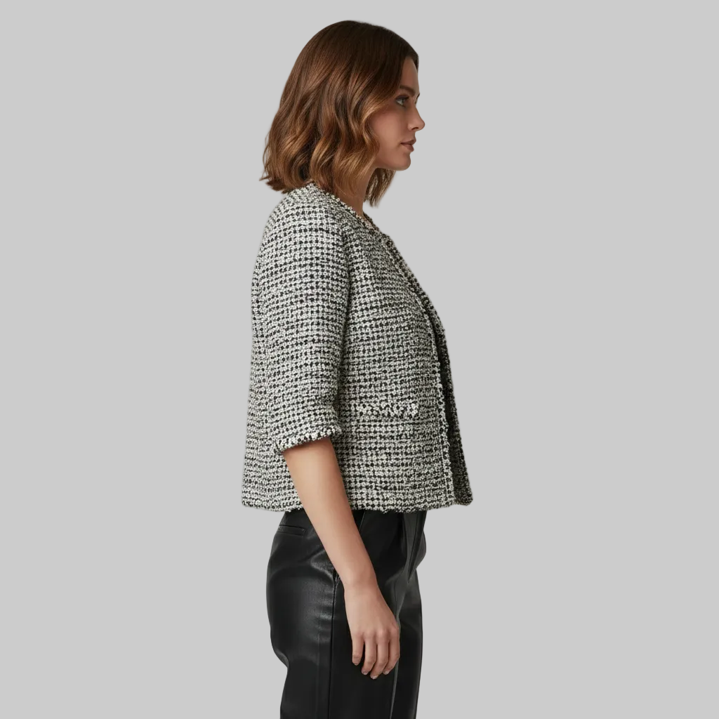Women's Tweed Cropped Sleeve Collarless Blazer