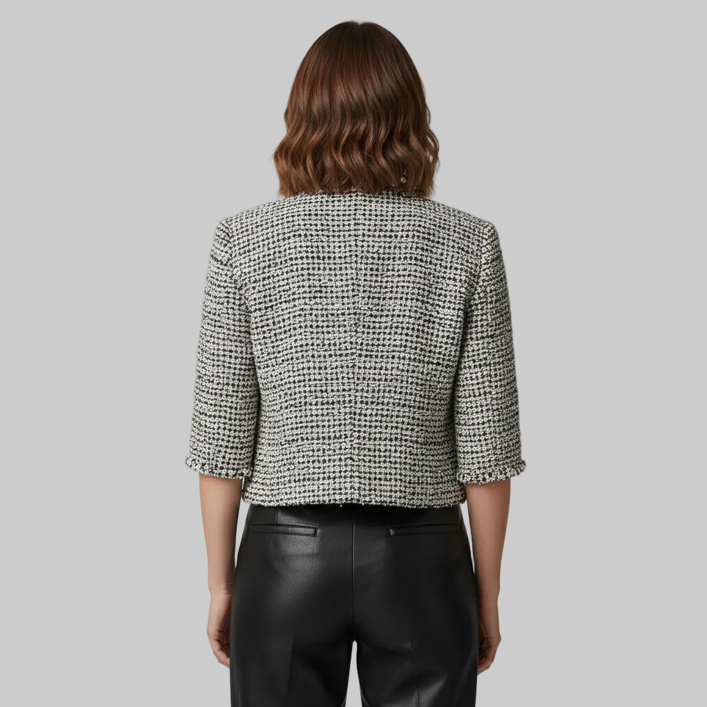 Women's Tweed Cropped Sleeve Collarless Blazer