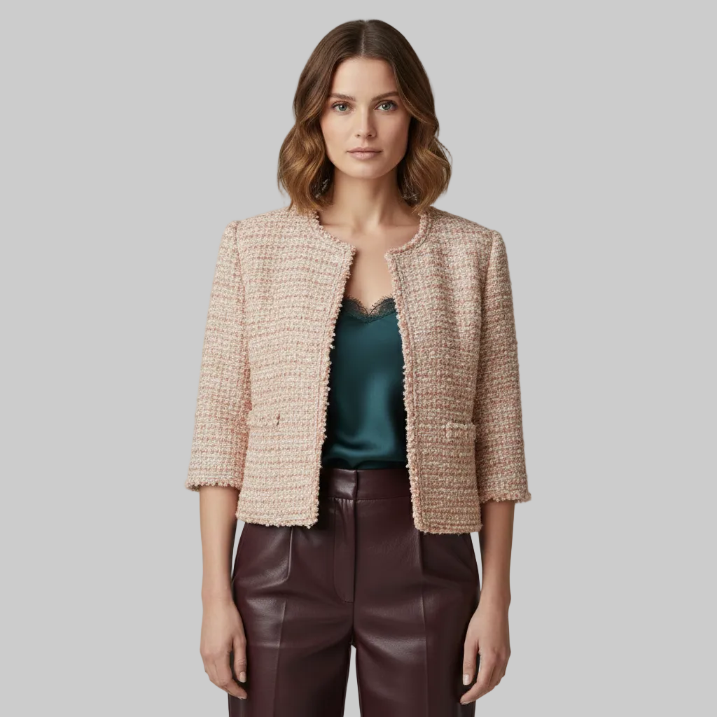 Women's Tweed Cropped Sleeve Collarless Blazer