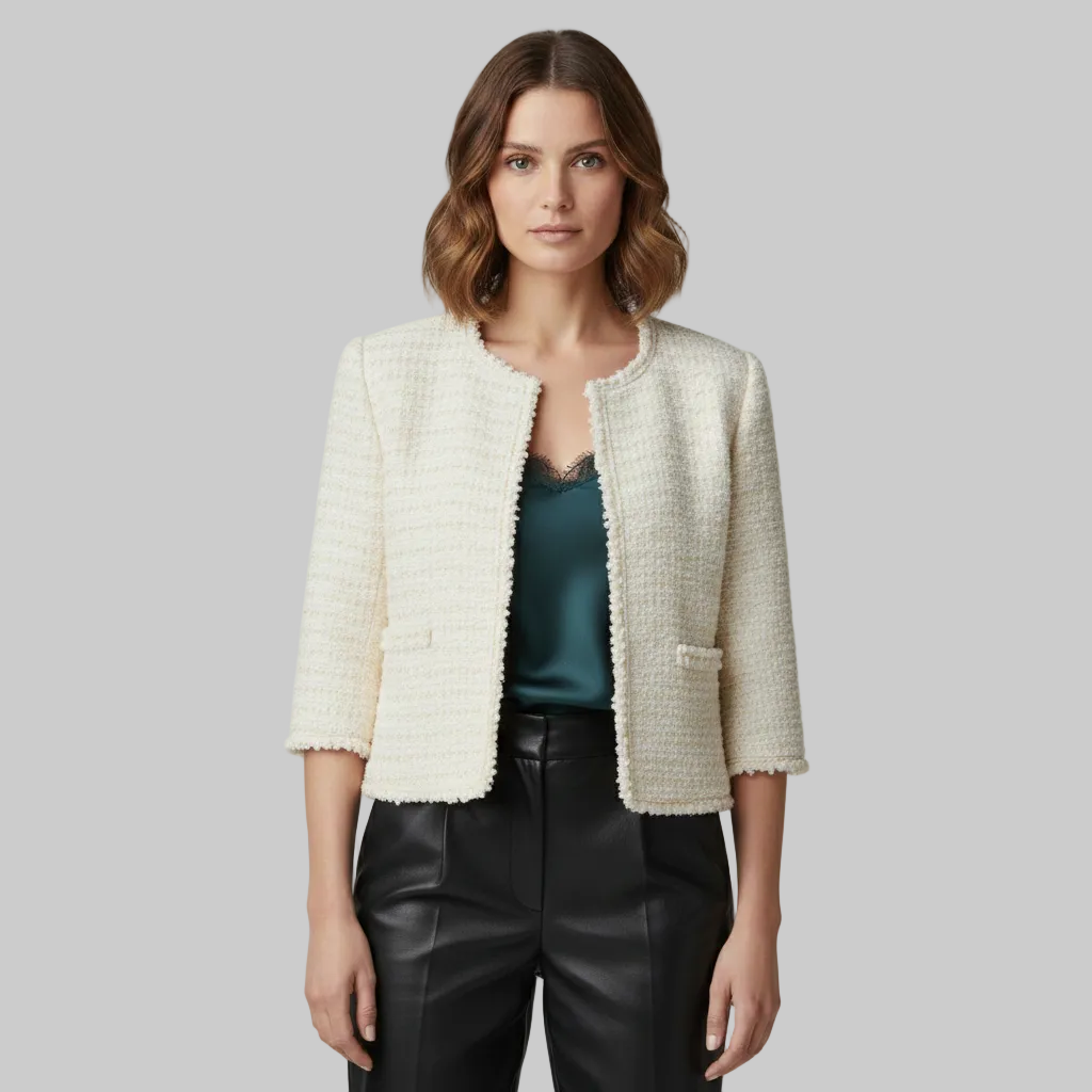 Women's Tweed Cropped Sleeve Collarless Blazer