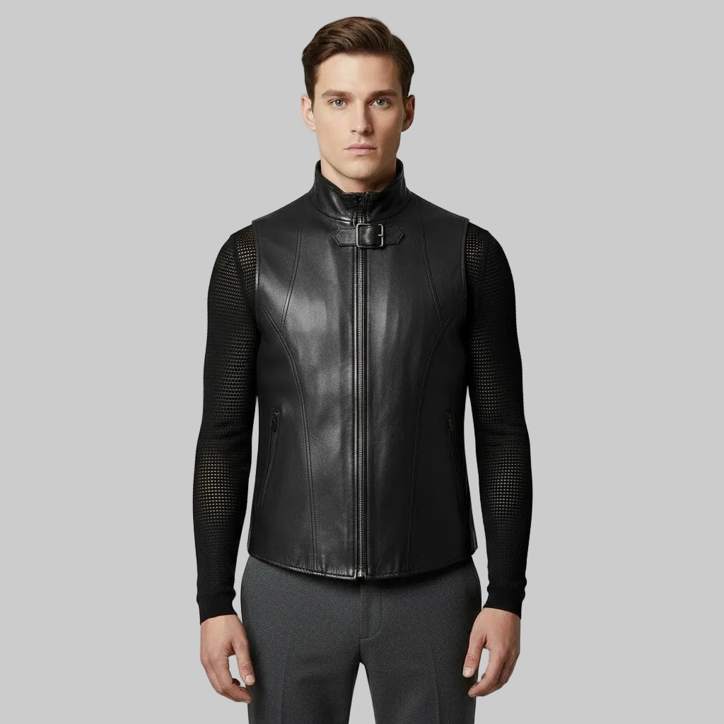 Men's Buckle Neck Leather-Look Zip Vest
