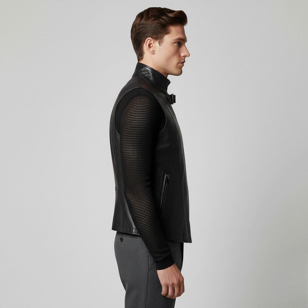 Men's Buckle Neck Leather-Look Zip Vest