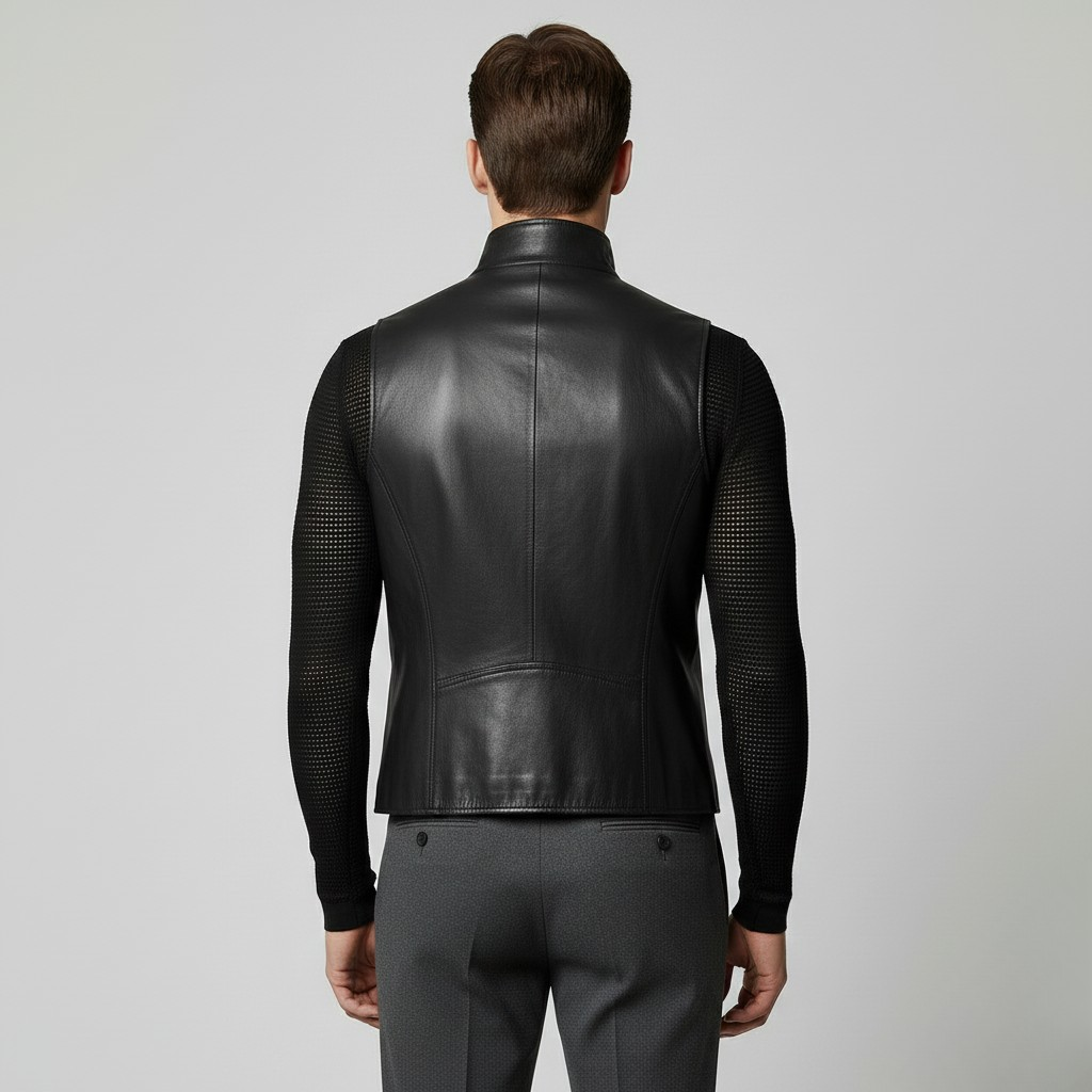 Men's Buckle Neck Leather-Look Zip Vest