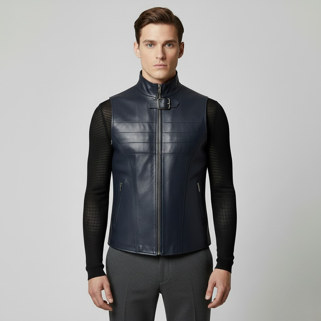 Men's Buckle Neck Leather-Look Zip Vest