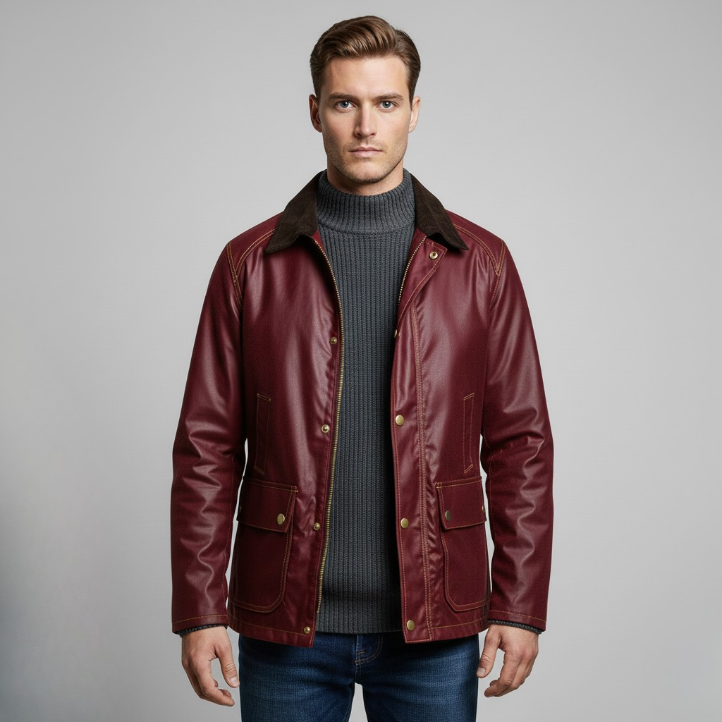 Men's Waxed-Look Jacket with Corduroy Collar