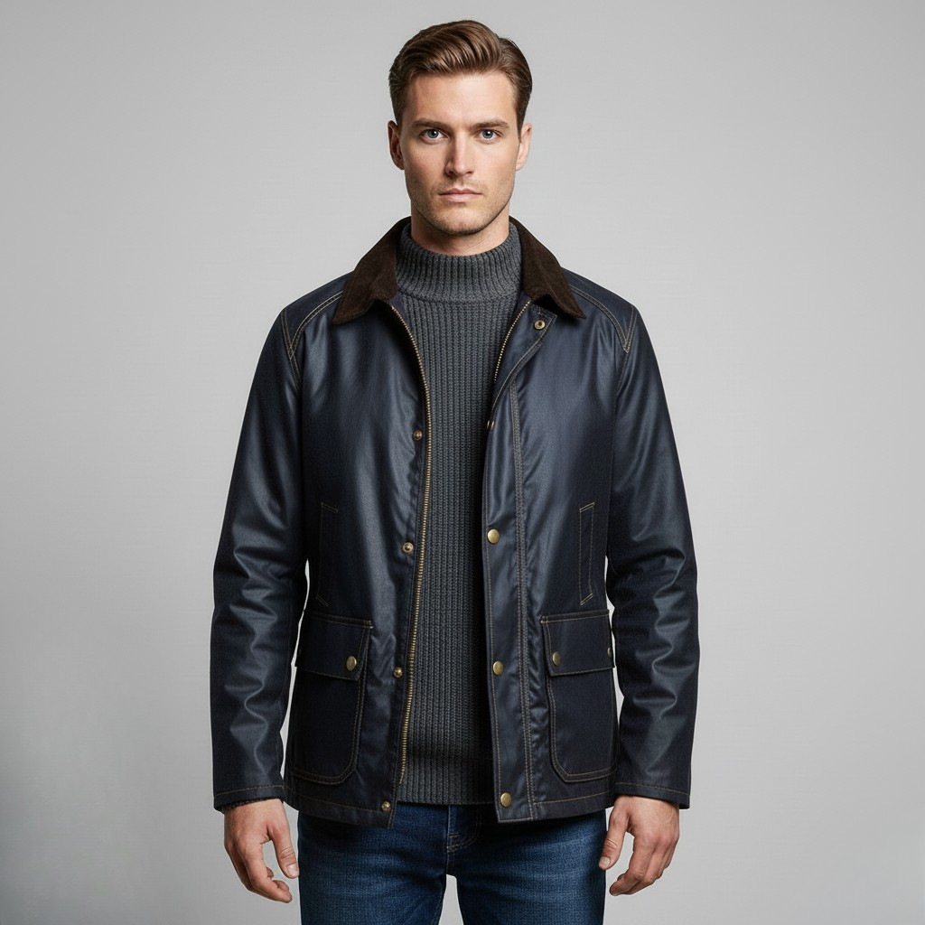 Men's Waxed-Look Jacket with Corduroy Collar